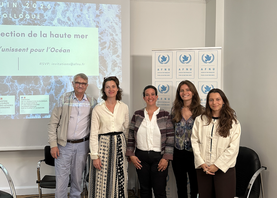 ©️ UNU Paris – From left to right: Denis Bailly (Senior Fellow, UNU Paris), Sabine Becker-Thierry (Director, UNU Paris), Phénia Marras-Aït Razouk (French Biodiversity Agency), Marine Lecerf, and Anna Lafforgue (Ocean & Climate Platform) 