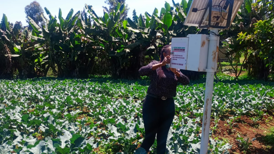 A person inspecting device health during a farm field visit.