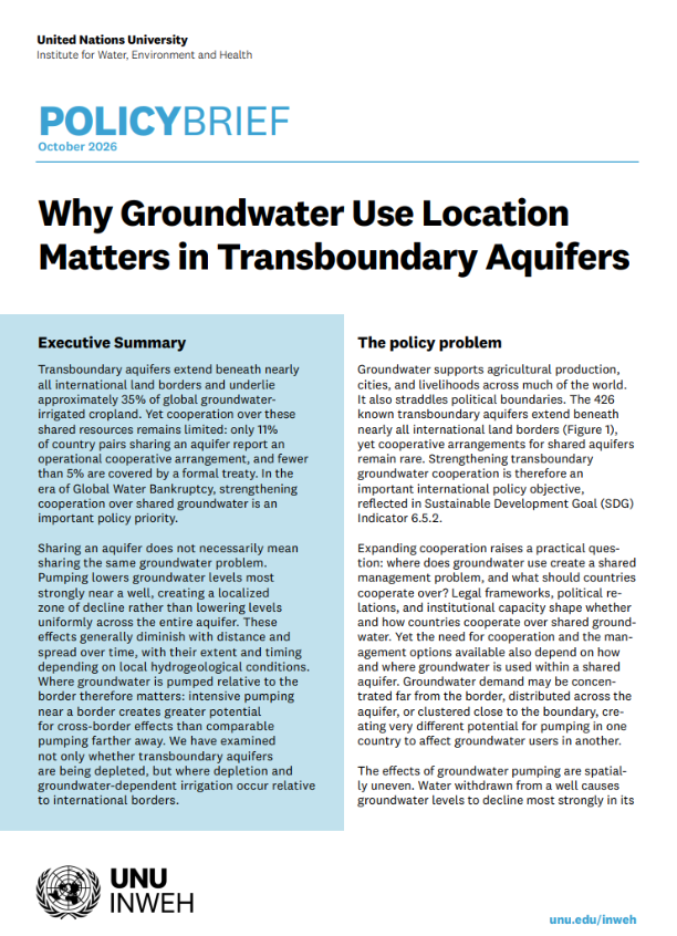 Cover of the policy brief Why Groundwater Use Location Matters in Transboundary Aquifers