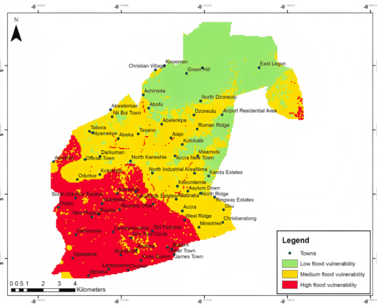 Atakorah, G. B., Owusu, A. B., & Adu-Boahen, K. (2023). Geophysical assessment of flood vulnerability of Accra Metropolitan Area, Ghana. Environmental and Sustainability Indicators, 19, 100286.