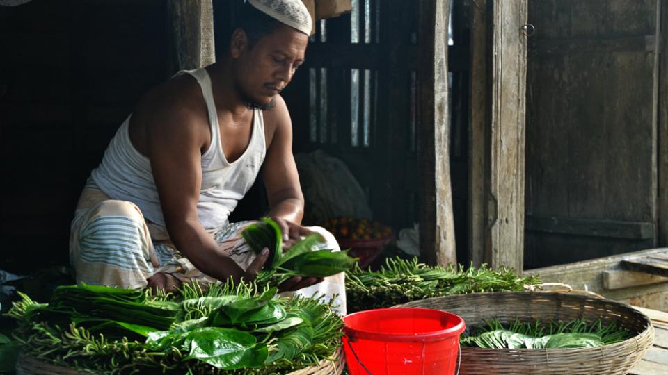 A vendor in Bangladesh selling leaves.