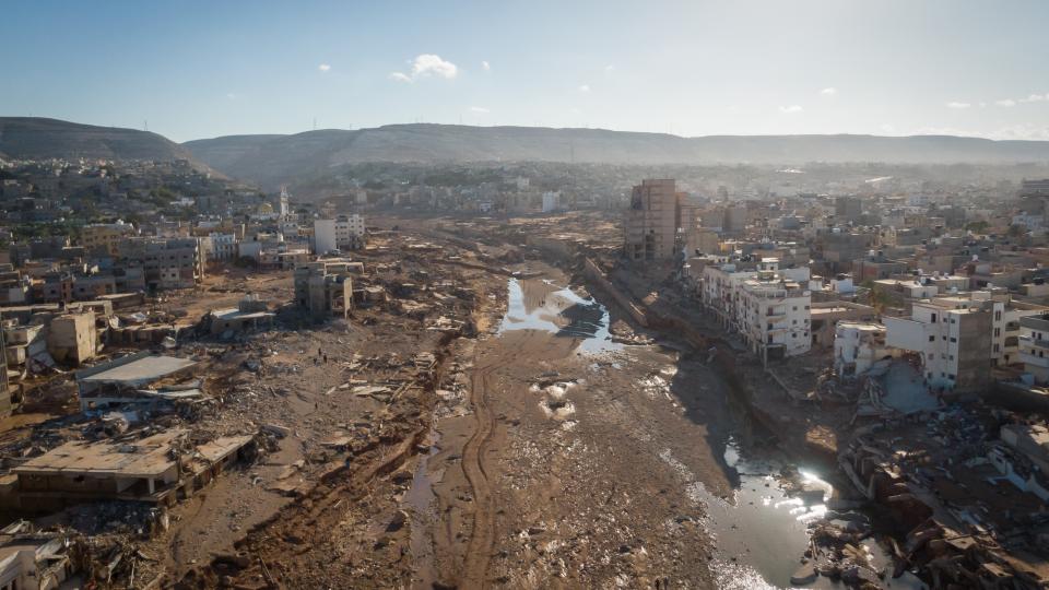 Aerial view of flooding aftermath in Derna, Libya