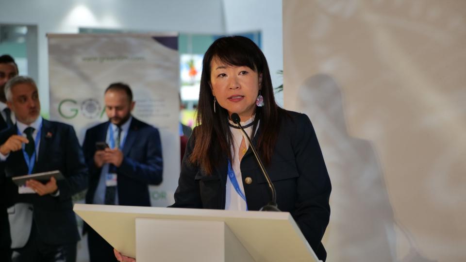 Dr. Sanae Okamoto presenting at the COP29 Türkiye delegation pavilion.