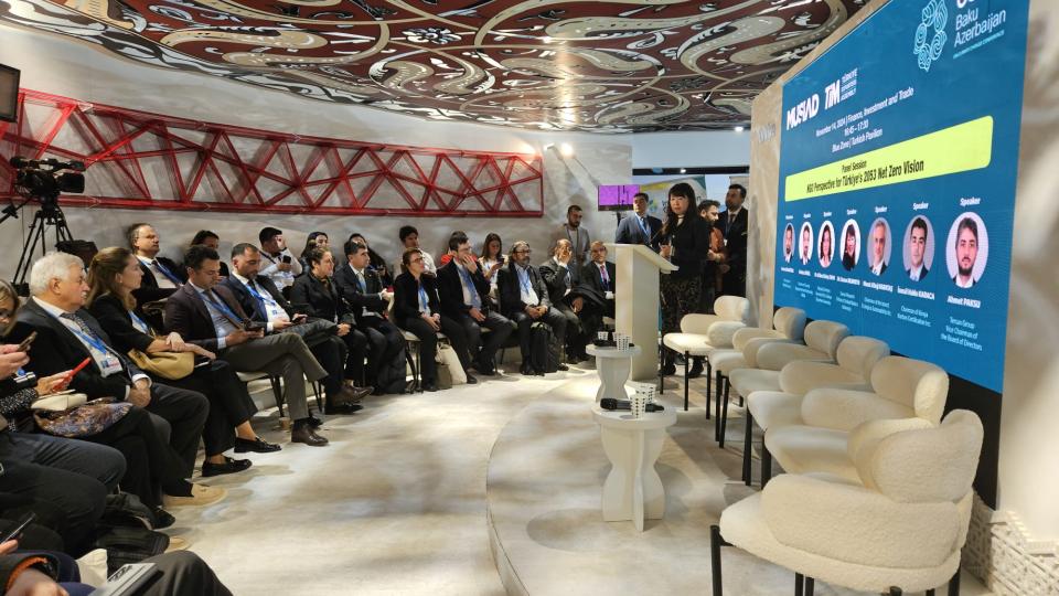 Okamoto addressing the audience at the COP29 Türkiye delegation pavilion.