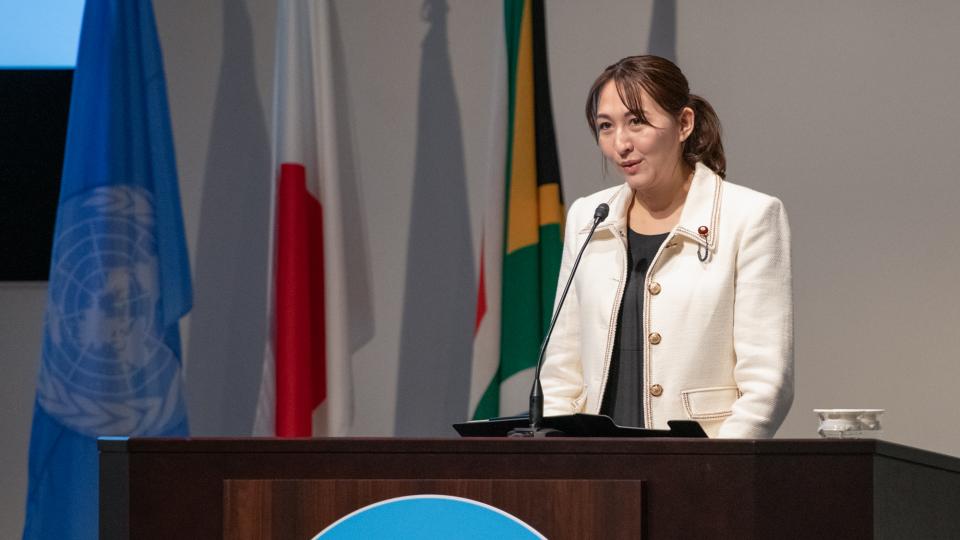 Ms. Eri Arfiya, Parliamentary Vice-Minister for Foreign Affairs of Japan, speaks at the United Nations University on 18 March 2025. Photo: UNU / C. Christophersen