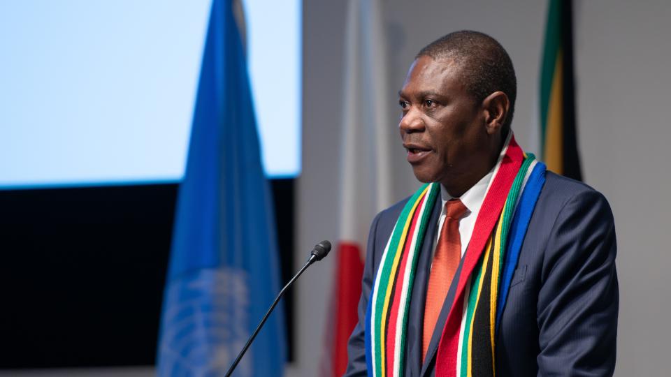 H.E. Mr. Paul Mashatile, Deputy President of the Republic of South Africa speaks at the United Nations University on 18 March 2025.