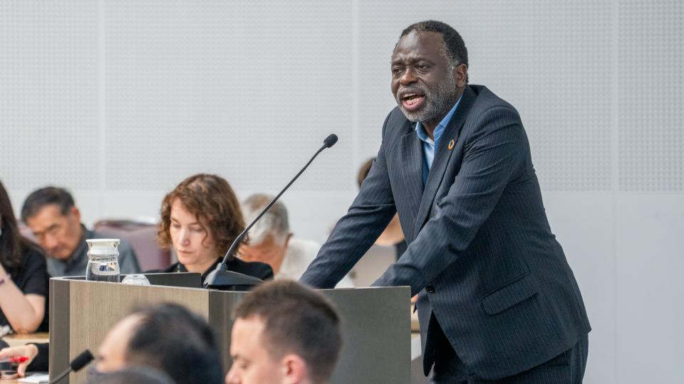 UNU Rector Prof. Tshilidzi Marwala delivers opening remarks for the symposium "Empowering Lesotho: Unlocking Finance to Drive the Energy Transition in a Landlocked Developing Country" at UNU Headquarters on 3 July 2025.