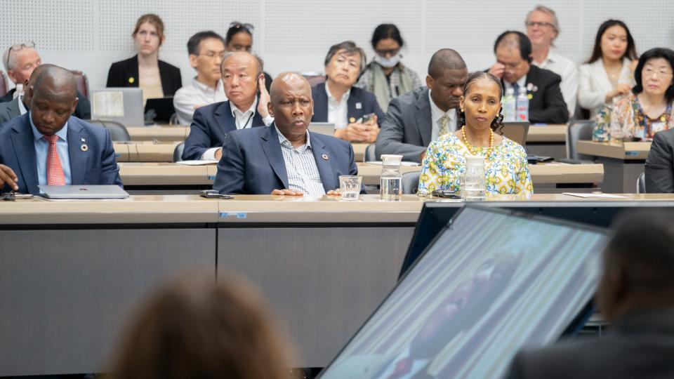 His Majesty King Letsie III of Lesotho and Her Majesty Queen Masenate Mohato Seeiso of Lesotho listen to a panel discussion at UNU Headquarters on 3 July 2025. Photo: UNU / C. Christophersen