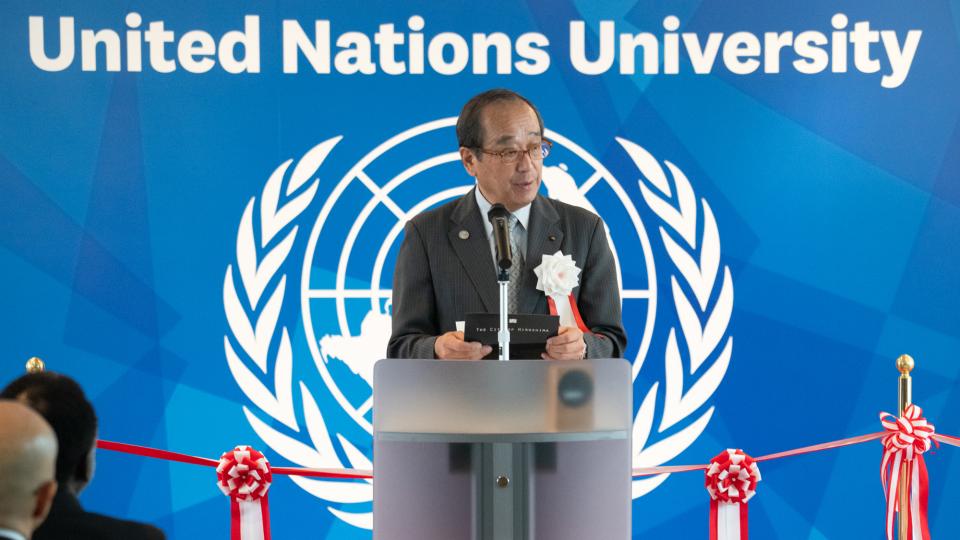 Mr. Kazumi Matsui, Mayor of Hiroshima, Japan, speaks at UNU Headquarters on 11 July 2025