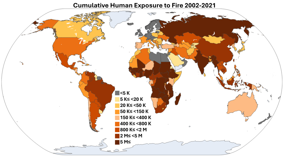 A map showing cumulative number of people directly exposed to wildland fire between 2002-2021 in each country