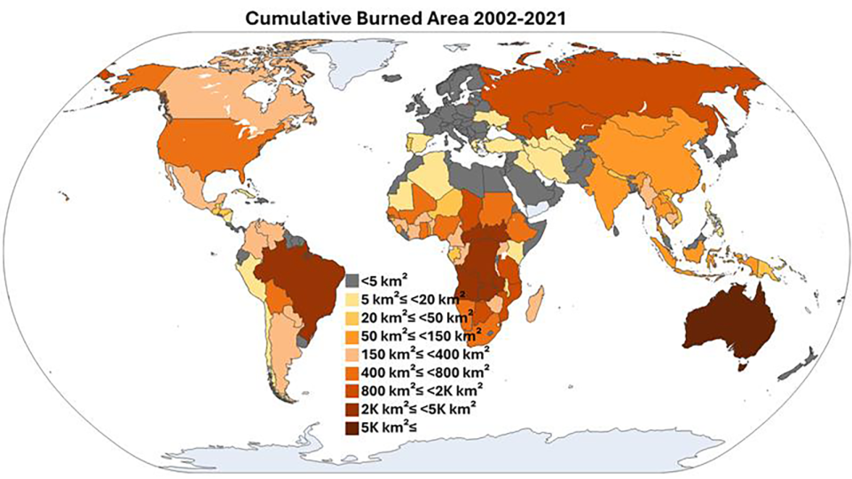 A map showing cumulative burned area by wildland fire between 2002-2021 in each country