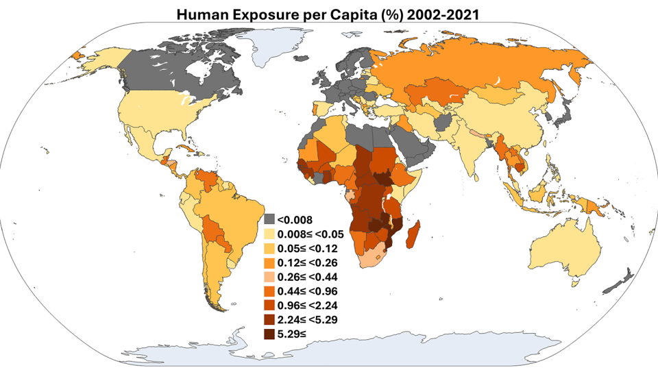 A map showing per capita human exposure to wildland fires. This indicates the percentage of population exposed to wildland fire from 2002-2021 in each country