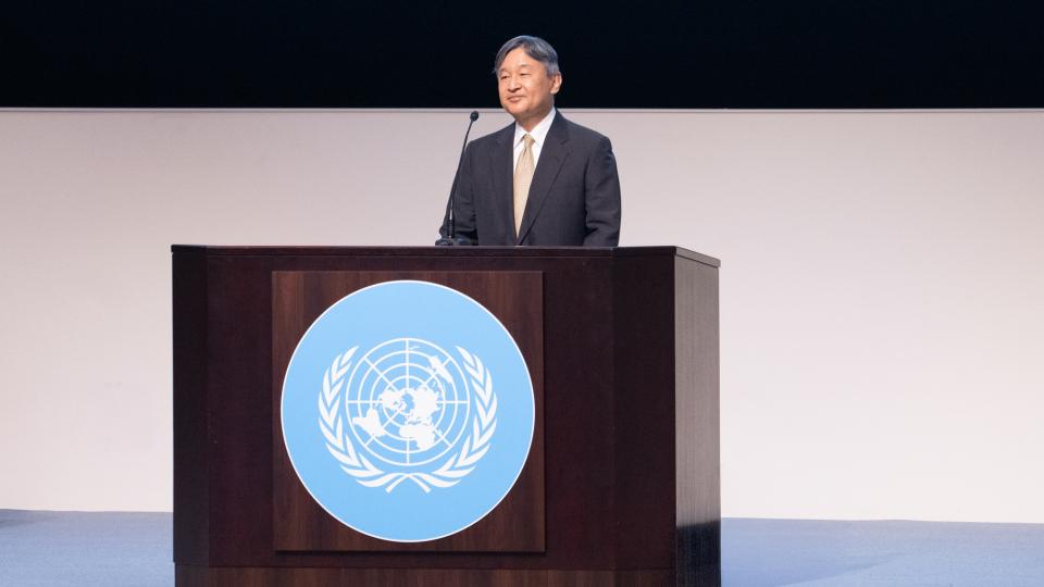 His Majesty the Emperor Naruhito speaks at the United Nations University 50th Anniversary Ceremony on 18 September 2025