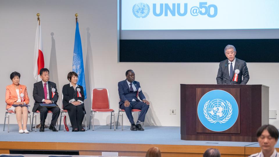 Mr. Takeshi Iwaya, Minister for Foreign Affairs of Japan, speaks at the UNU 50th Anniversary Ceremony on 18 September 2025. Photo: UNU / C. Christophersen
