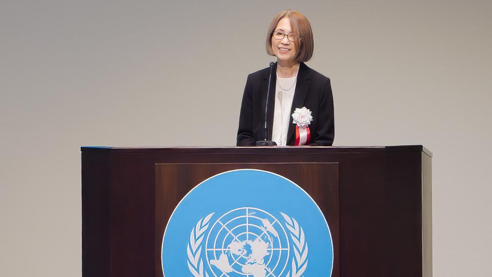 Professor Sawako Shirahase, UNU Senior Vice-Rector and UN Assistant Secretary-General, speaks at the UNU 50th Anniversary Ceremony on 18 September 2025.
