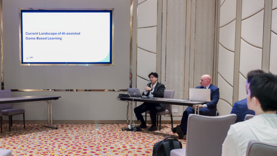 Giselle Lugo Miole presenting at the UNU Macau AI Conference 2025