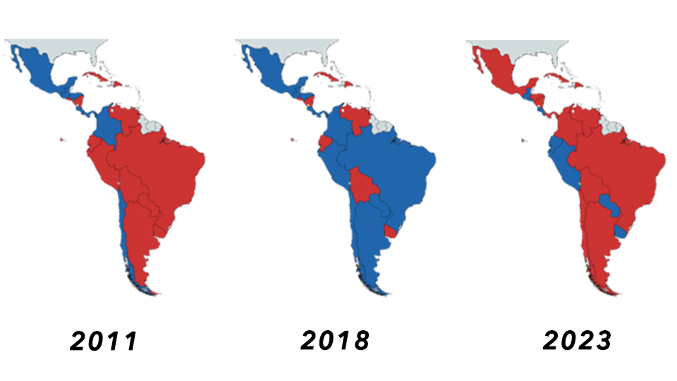 Three graphics of Latin America showing political affiliations