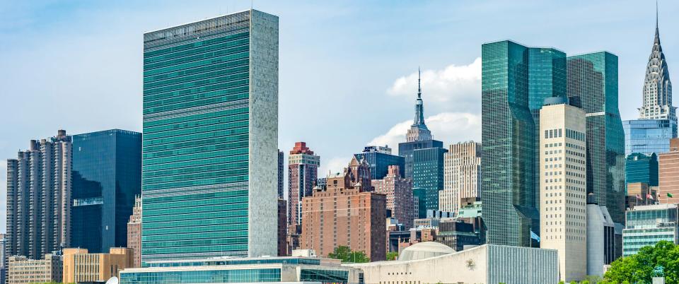 New York City skyline featuring the UN Headquarters