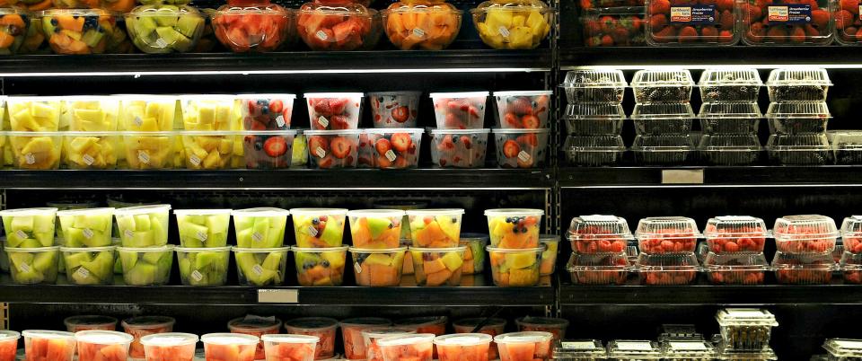 Cut and packaged fruit at a supermarket