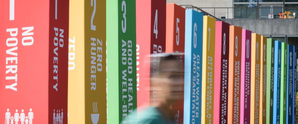 A scene from UN headquarters with SDG objects