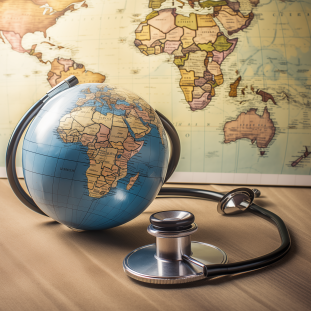 Picture of a globe and a stethoscope representing global health. 