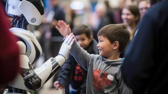 A boy interacting with a robot at a technology expo.