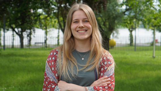 UNU-EHS researcher, Lisa Hartmann, poses for a photo at the UN Campus in Bonn. 