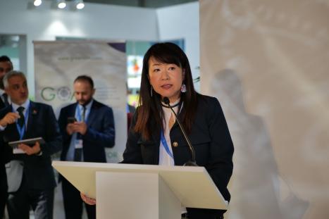 Dr. Sanae Okamoto presenting at the COP29 Türkiye delegation pavilion.