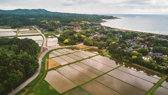 Aerial view of Suzu City, Noto Peninsula, Ishikawa Prefecture, Japan