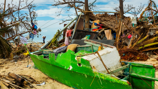 A fishing boat washed ashore following a typhoon. 