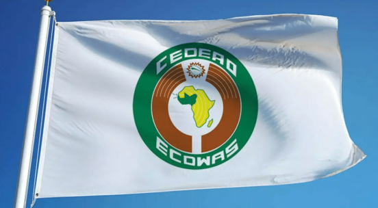Picture of ECOWAS flag, which is white with green circle in center that has an outline of the African continent with the West Africa ECOWAS countries highlighted in green