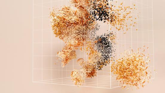 A conceptual 3D cube displaying abstract data visualization with dynamic particles that look like grain