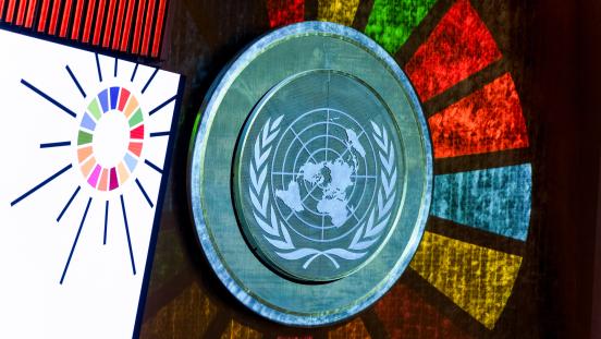 A detailed view of the UN Emblem during the opening of the 2023 SDG Action Weekend and the SDG Mobilization Day.