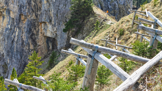 Wooden fences for avalanche protection on a mountain slope