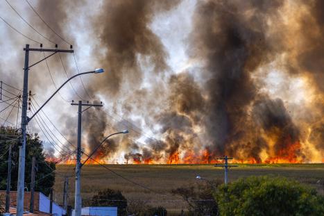 Rural landscape with a field engulfed in flames and thick smoke rising under a cle