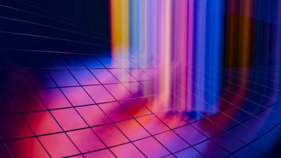 A colorful abstract digital artwork featuring vibrant light streaks on a grid pattern background.