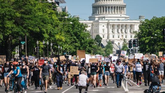 A black lives matter protest march in Washington D.C in May 2020.