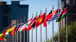 A view of the flags outside the UN Headquarters during the second day of the general debate of the General Assembly's seventy-fifth session.