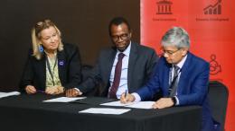 H.E. Sandra Kramer (Ambassador of the EU to South Africa), Dr. David Masondo (Deputy Minister of Finance of South Africa) and Dr. Kunal Sen (Director of UNU-WIDER) — co-sign a new EU / SA-TIED funding agreement on 18 March 2024.