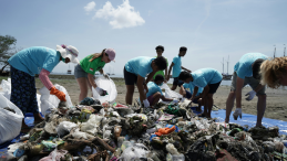 Clean-up groups sort through plastic on a beach. 