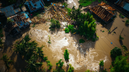 Aerial picture of the aftermath of a typhoon, showing damaged roofs and flooded areas