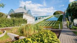 Vegetable gardens and solar panels in a university campus.