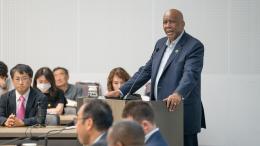 His Majesty King Letsie III of Lesotho speaks at UNU Headquarters in Tokyo on 3 July 2025 durn the symposium "Empowering Lesotho: Unlocking Finance to Drive the Energy Transition in a Landlocked Developing Country".