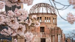 Hiroshima atomic bomb dome and cherry blossoms
