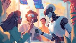 University students and an android engage in group discussion.