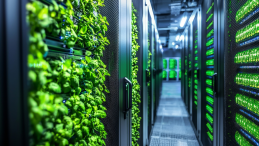 Server room with green leaves poking out from servers