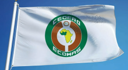 Picture of ECOWAS flag, which is white with green circle in center that has an outline of the African continent with the West Africa ECOWAS countries highlighted in green