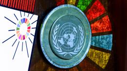 A detailed view of the UN Emblem during the opening of the 2023 SDG Action Weekend and the SDG Mobilization Day.