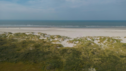 A dune with the beach and the Wadden Sea in the background. 