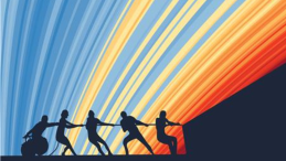 Report cover of Limiting Overshoot report featuring silhouettes of people trying to pull back the climate stripes from getting hotter and hotter.